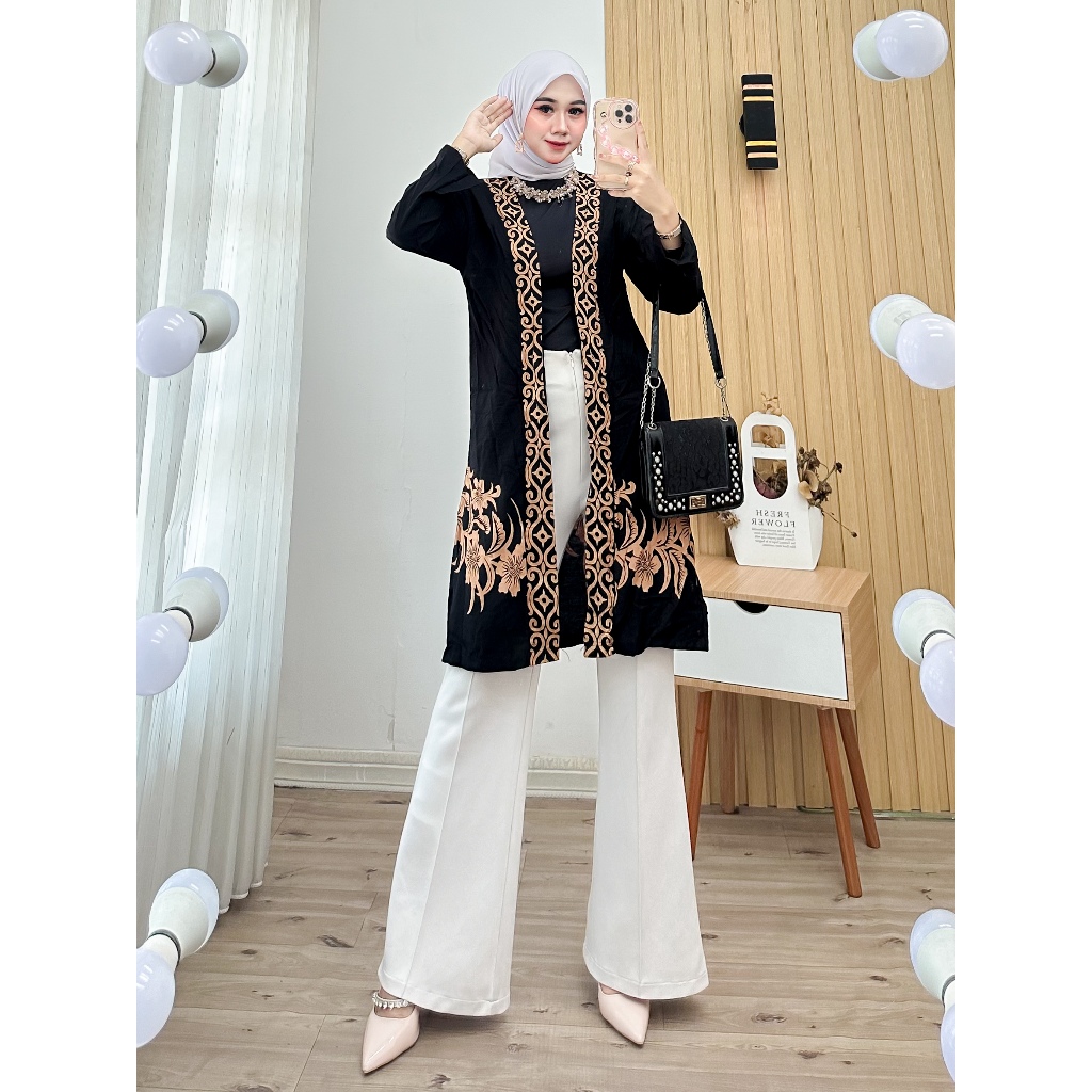 Long Cardi Batik Motif Modern Kekinian Simple Fashion Long Cardi Outer Depan Outerwear Cardigan