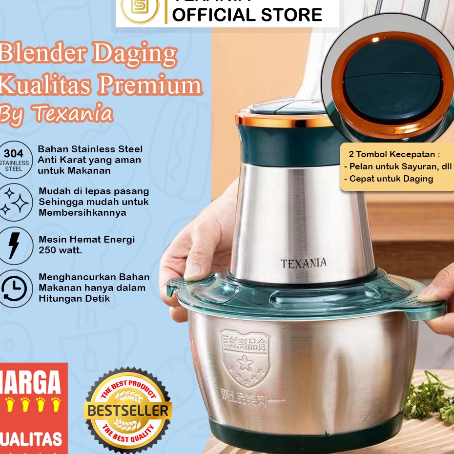Diskon TEXANIA Chopper Blender Daging Stainless Steel Penggiling Daging Multifungsi Meat Grinder 2 L