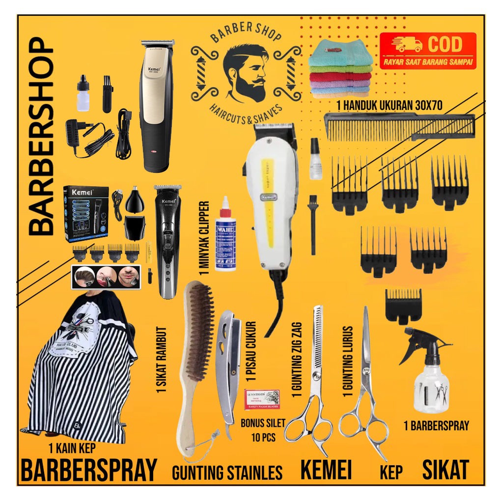 Paket Barbershop Lengkap 1 Set Alat Cukur Rambut Elektrik Tanpa Kabel Hair Clipper KM-1506 Cukur Ram