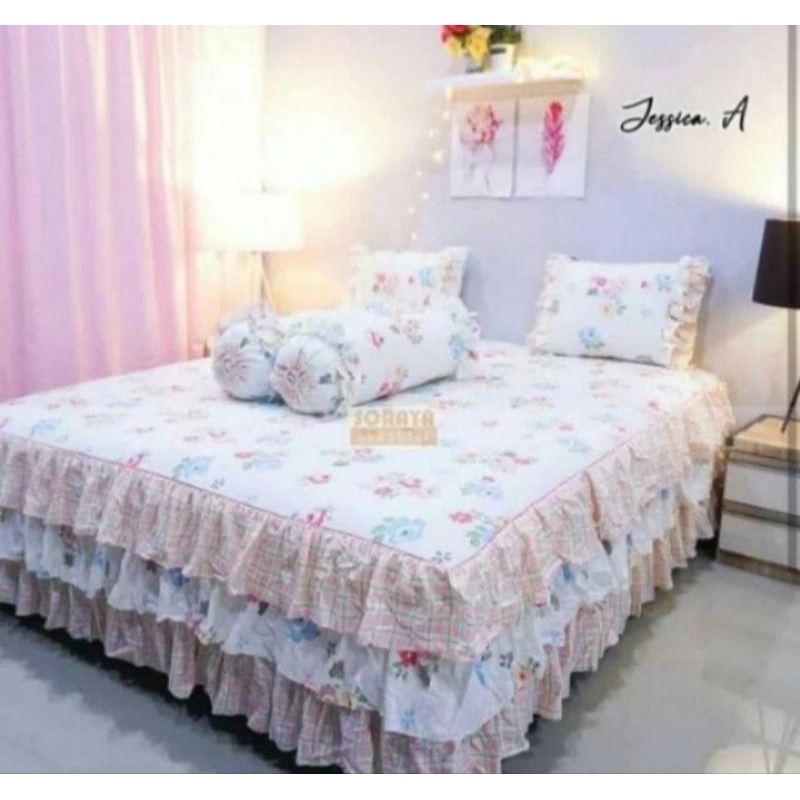 Sprei katun rumbai pengantin susun 3 motif Jesica ukuran 180*200