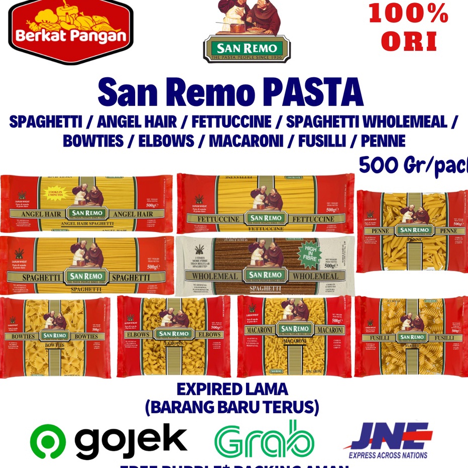 

Free Ongkir San Remo Pasta SpaghettI Fettucine Bowties Fusilli Elbow Macaroni 5g