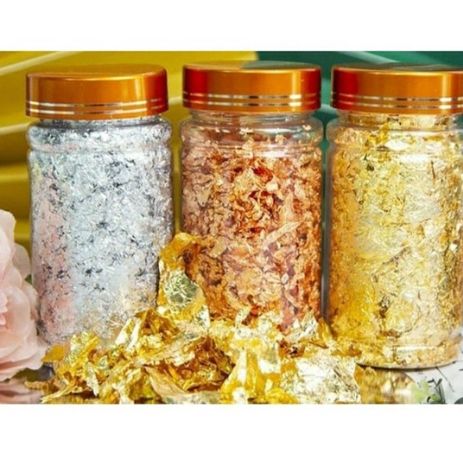

TERBARU BAKINDO Edible Flakes Gold Silver Dekorasi Makanan CakeBakeryBirthdayWedding Cake 2 Gram