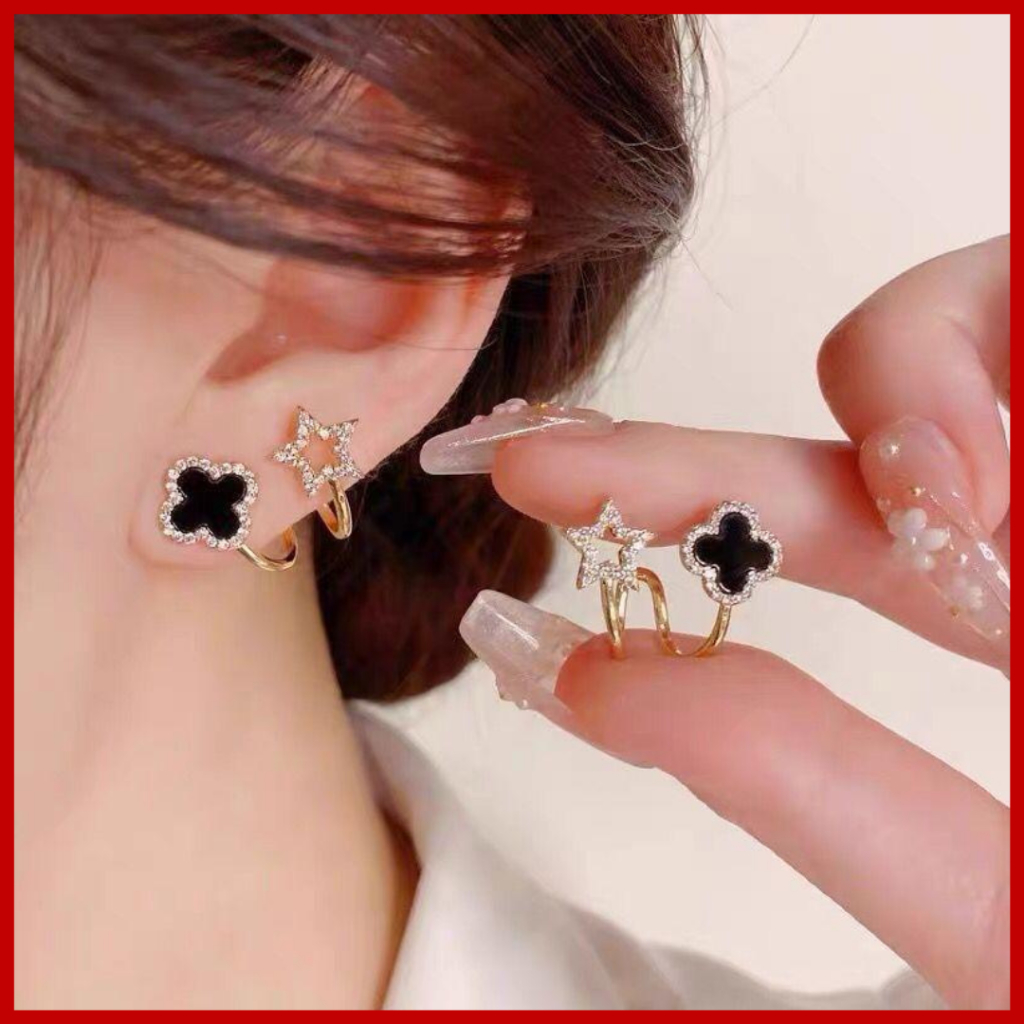 AT116 - ANTING STAR CLOVE GOLD TUSUK KOREA TITANIUM WANITA/Anting Tusuk Titanium Motif Daun Clover/A