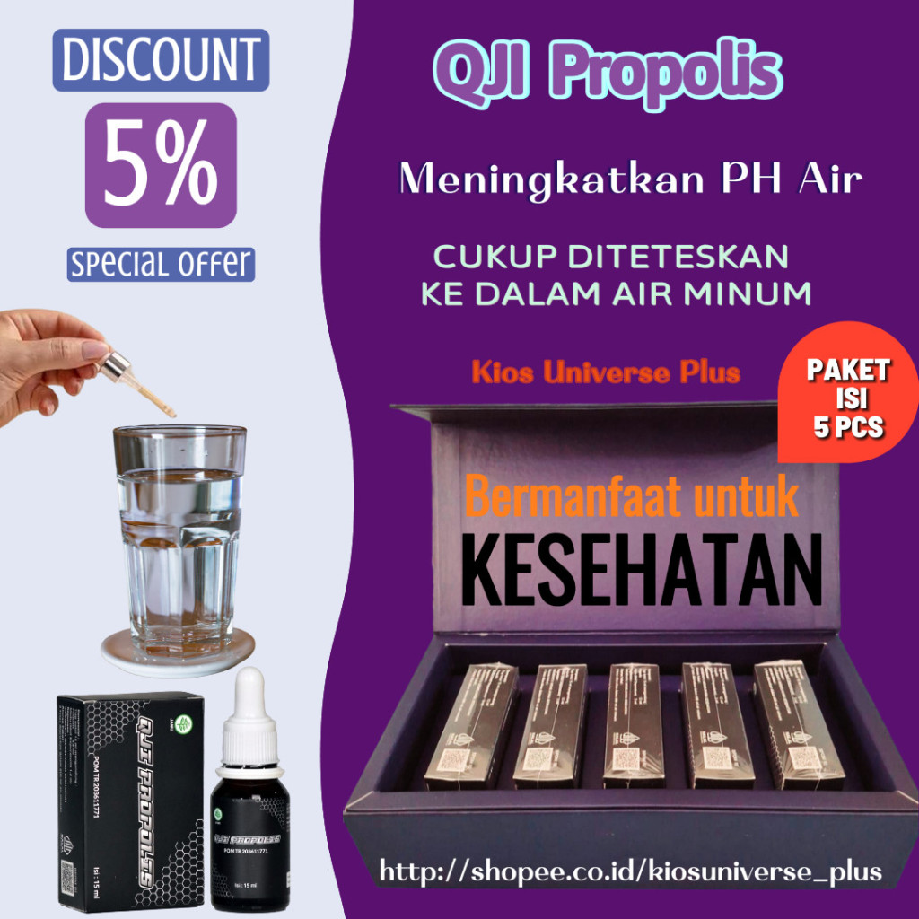 Paket QJI Propolis Isi 5 pcs - by UNIVERSE Indonesia. Cairan ekstrak alami 15 ml. Mengendalikan tekanan darah, gula darah, asam urat