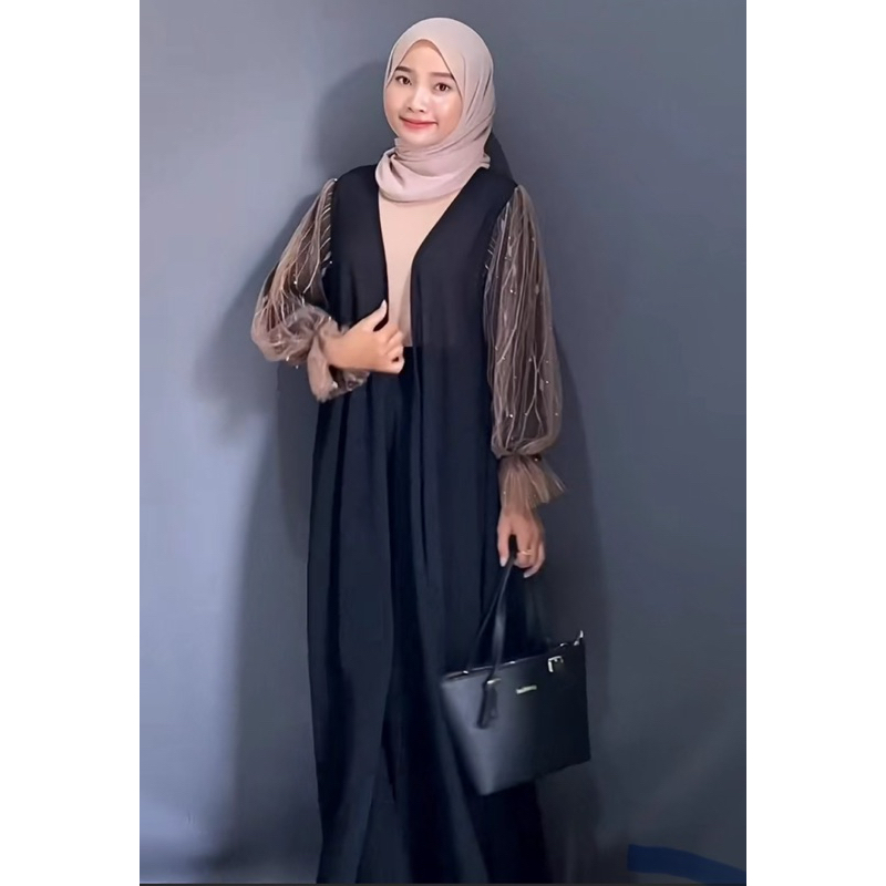 Outer cardigan long hitam mix lengan tile renda akar