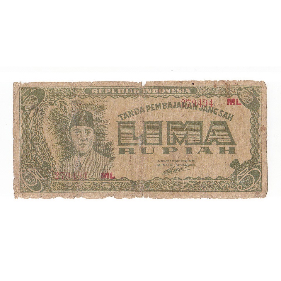 Uang kuno 5 Rupiah tahun 1945 seri Oeang Repoeblik Indonesia (ORI-I)