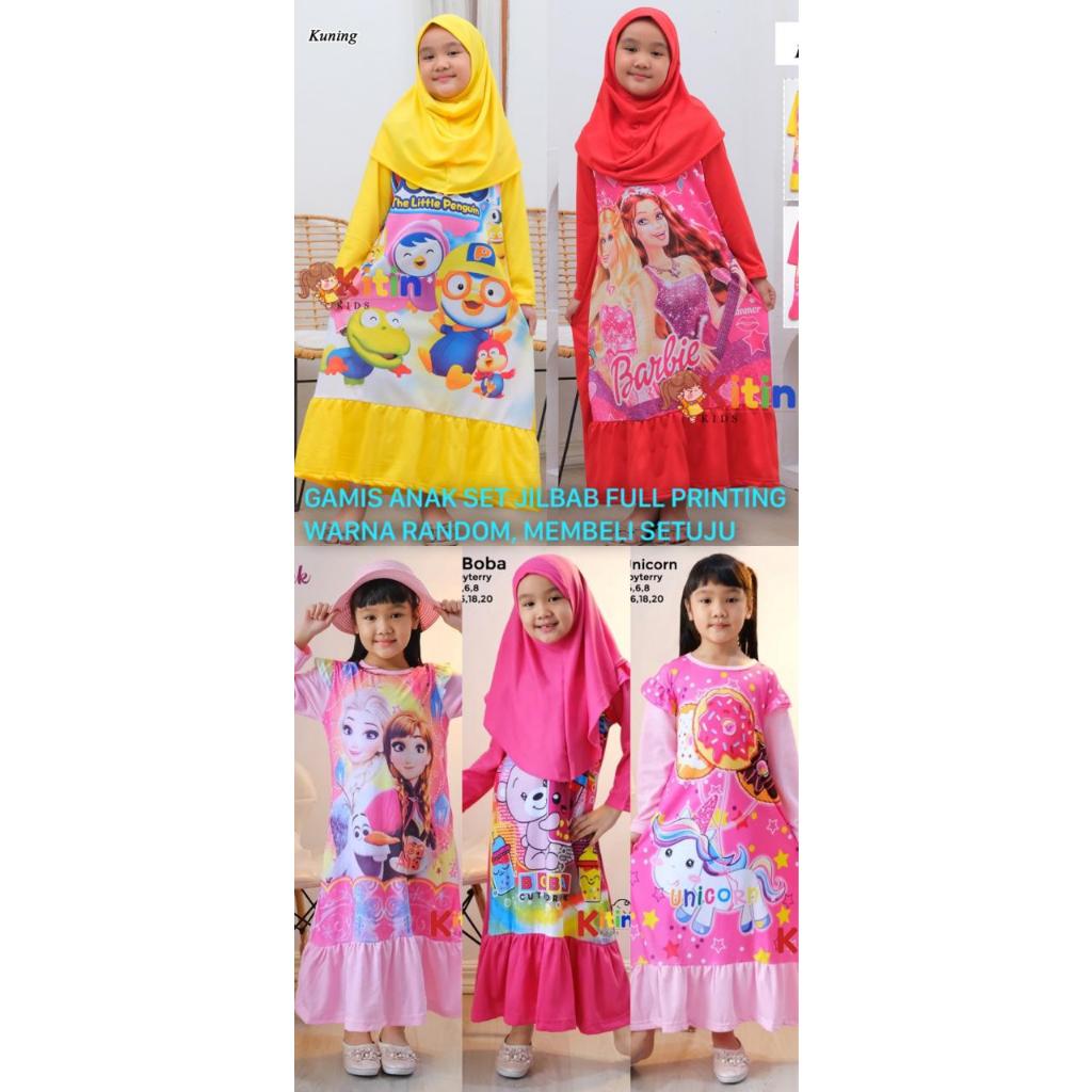 OP - GAMIS ANAK PRINTING SET HIJAB 3-11 TAHUN/ BAJU NGAJI ANAK PEREMPUAN MUSLIM MOTIF BT21 BTS BOBA