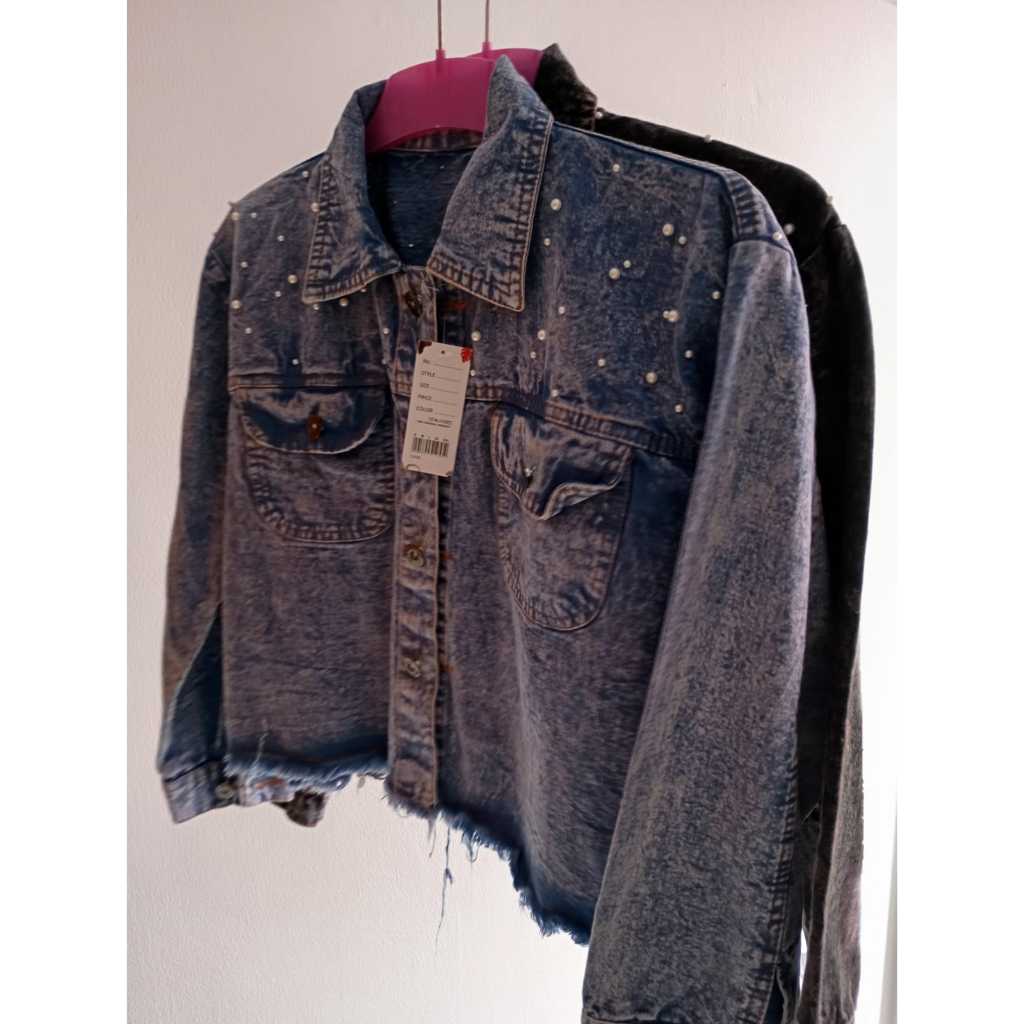 JAKET JEANS MUTIARA CROP KANTONG BULAT WANITA RAWIS / PEARL JACKET CROP