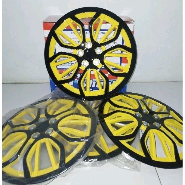 WELDOP DOP RODA RING 14 VELG STANDARD KALENG KUNING HITAM PLASTIK/ABS 1 SET (4 PCS)