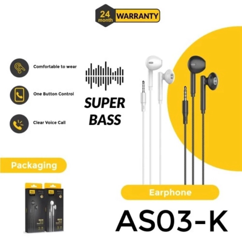 Rexi AS03-K Headset Super Bass , Earphone Wired As03-K/As05-Kx/AS08-Kx/AS11-K/Ai15-K