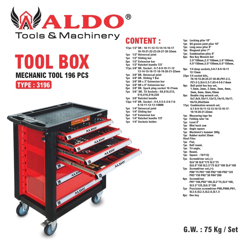 LEMARI KUNCI PERKAKAS SET / TOOL BOX MECHANIC TOOLS 196 PCS 3196  ALDO