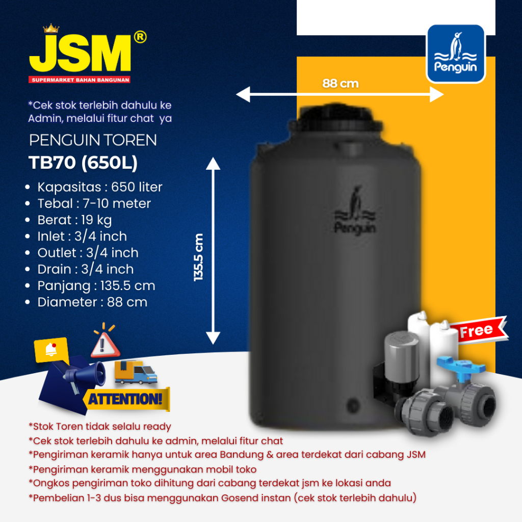 PENGUIN TOREN TANGKI AIR TB70 650 LITER HITAM - JSM Supermarket Bahan Bangunan
