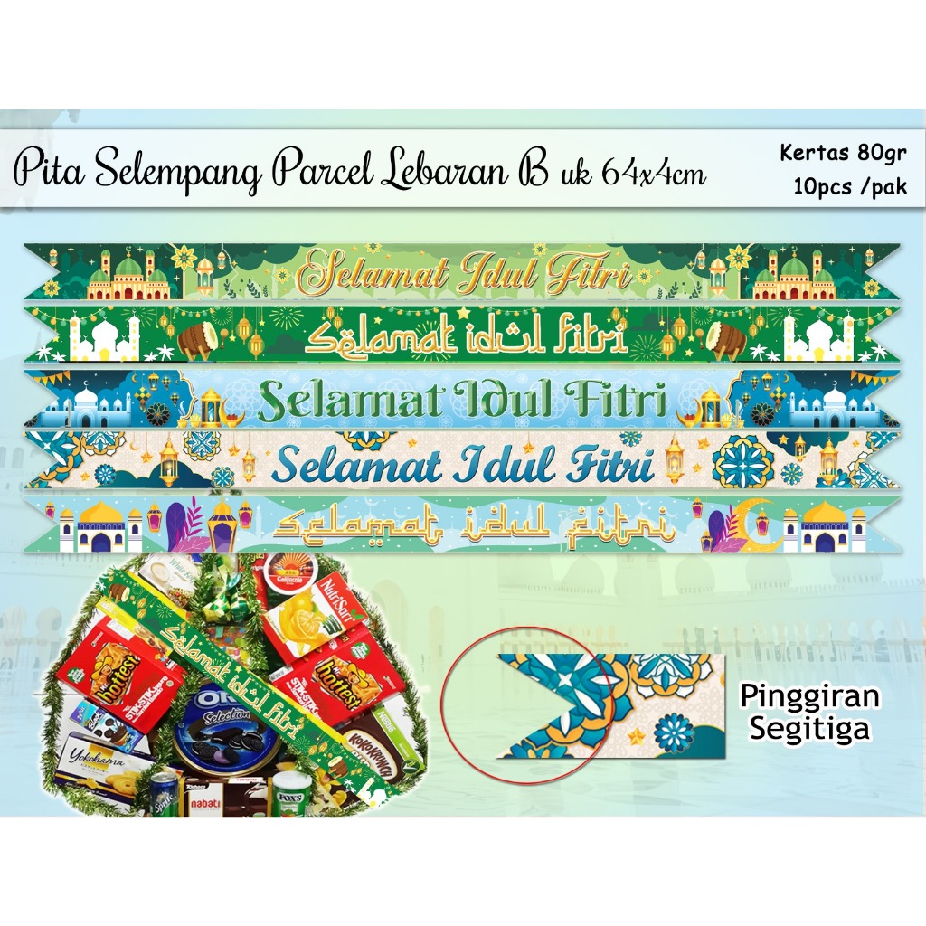 

(1Pak isi 10Lmbr) Selempang Parcel hampers Selamat Idul Fitri, Banner pita kertas Lebaran, pita parcel