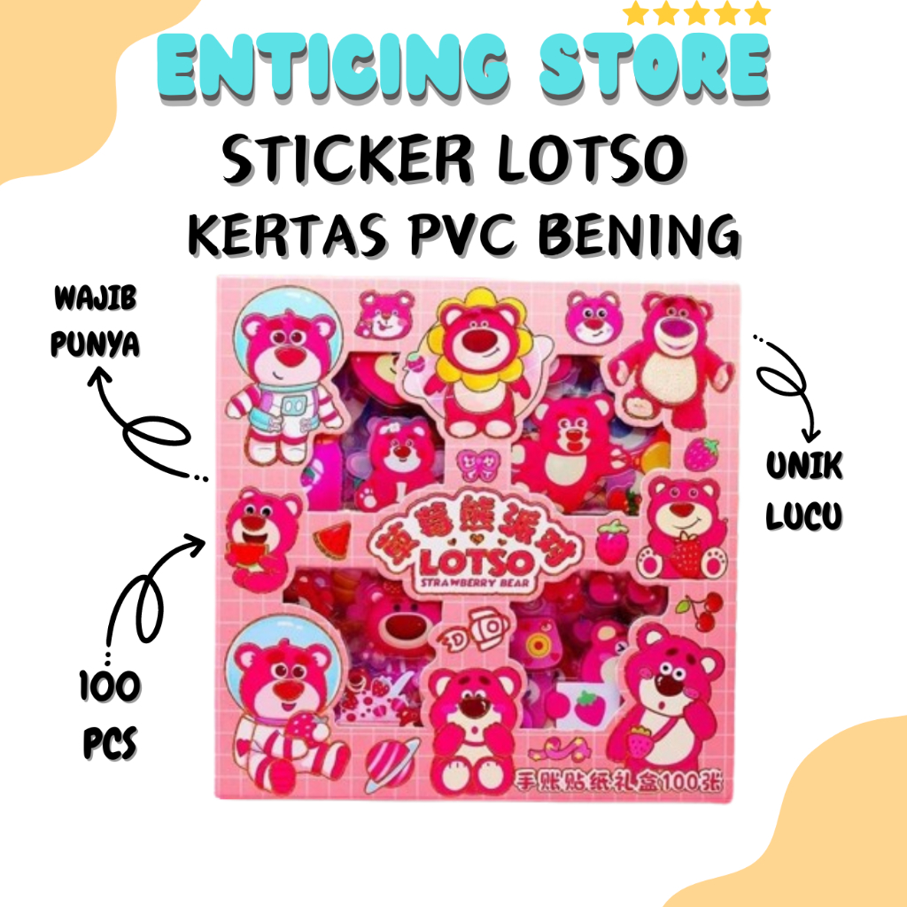 

STICKER LOTSO STRAWBERRY BEAR KARAKTER 1 BOX ISI 100 PCS WATERPROOF STICKER