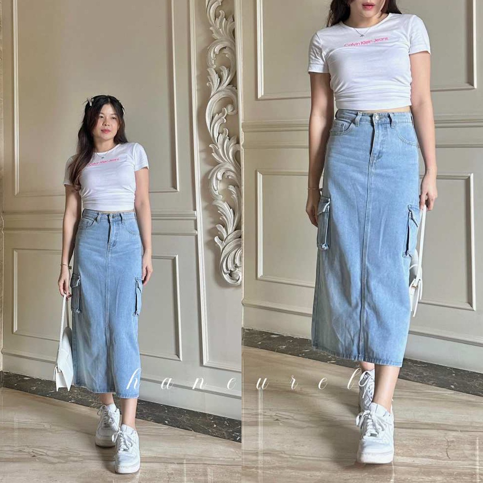 XPRESS RUE JEANS  Midi Skirt Rok Jeans Kargo Wanita Highwaist Korean Looks XS  XXL