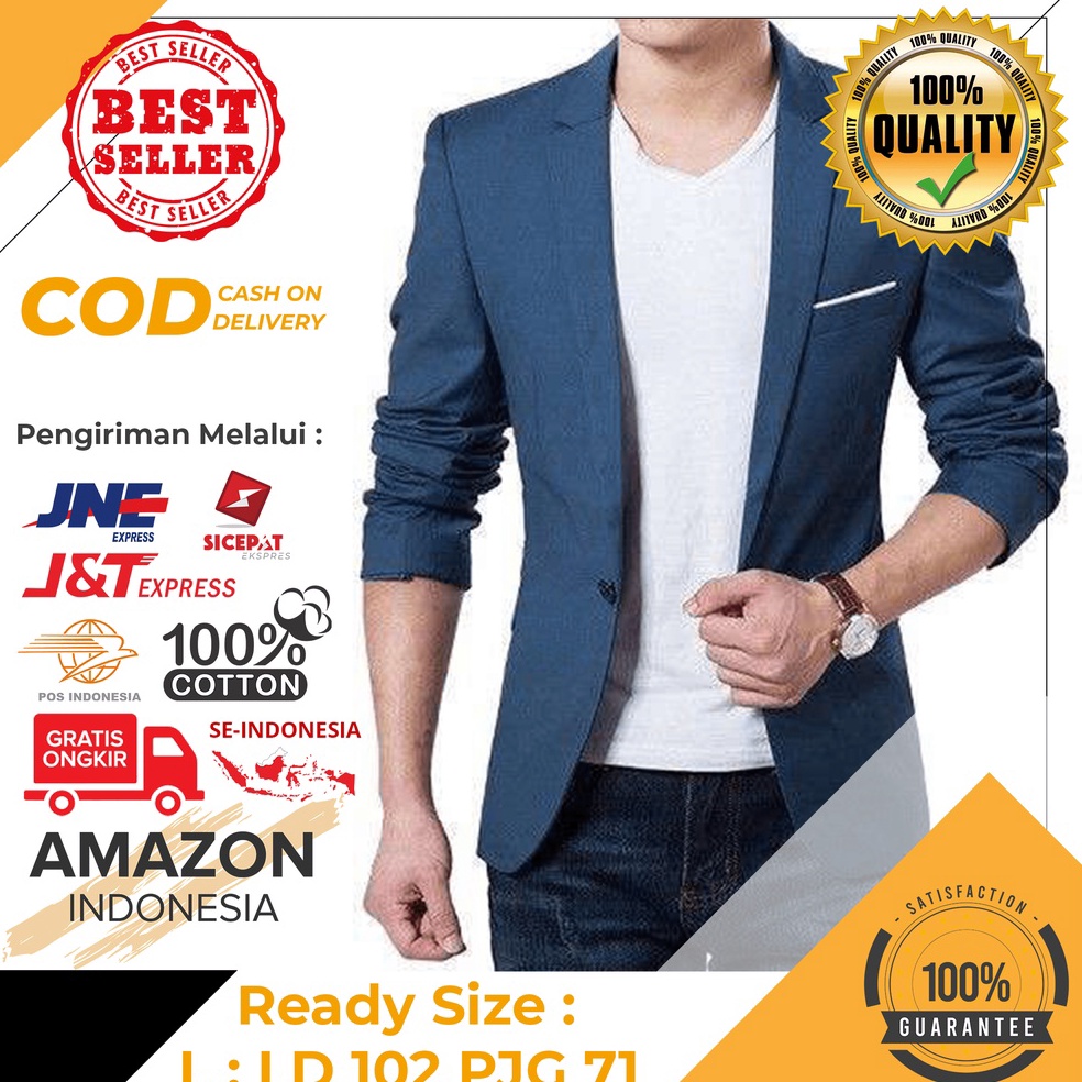 PAKET LENGKAP JAS BLAZER PRIA STYLE CASUAL WARNA SOFT BLUE BIRU MUDA BAHAN KATUN PREMIUM GOOD QUALIT