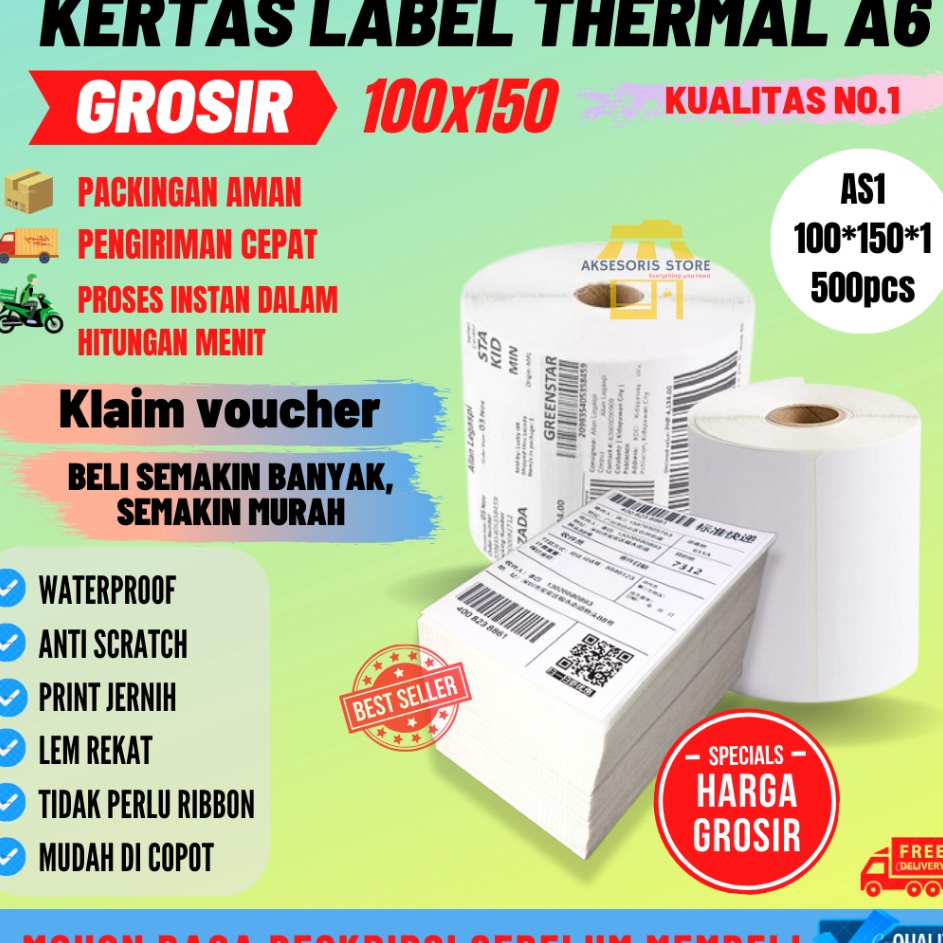 

KODE 77 GROSIR KERTAS THERMAL LABEL STICKER 35PCS 5PCS UKURAN A6 1X15