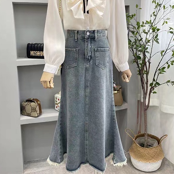 GROSIR  rok jeans panjang rok plisket rok payung rok korean style high waist rok 78 rok span deinm r
