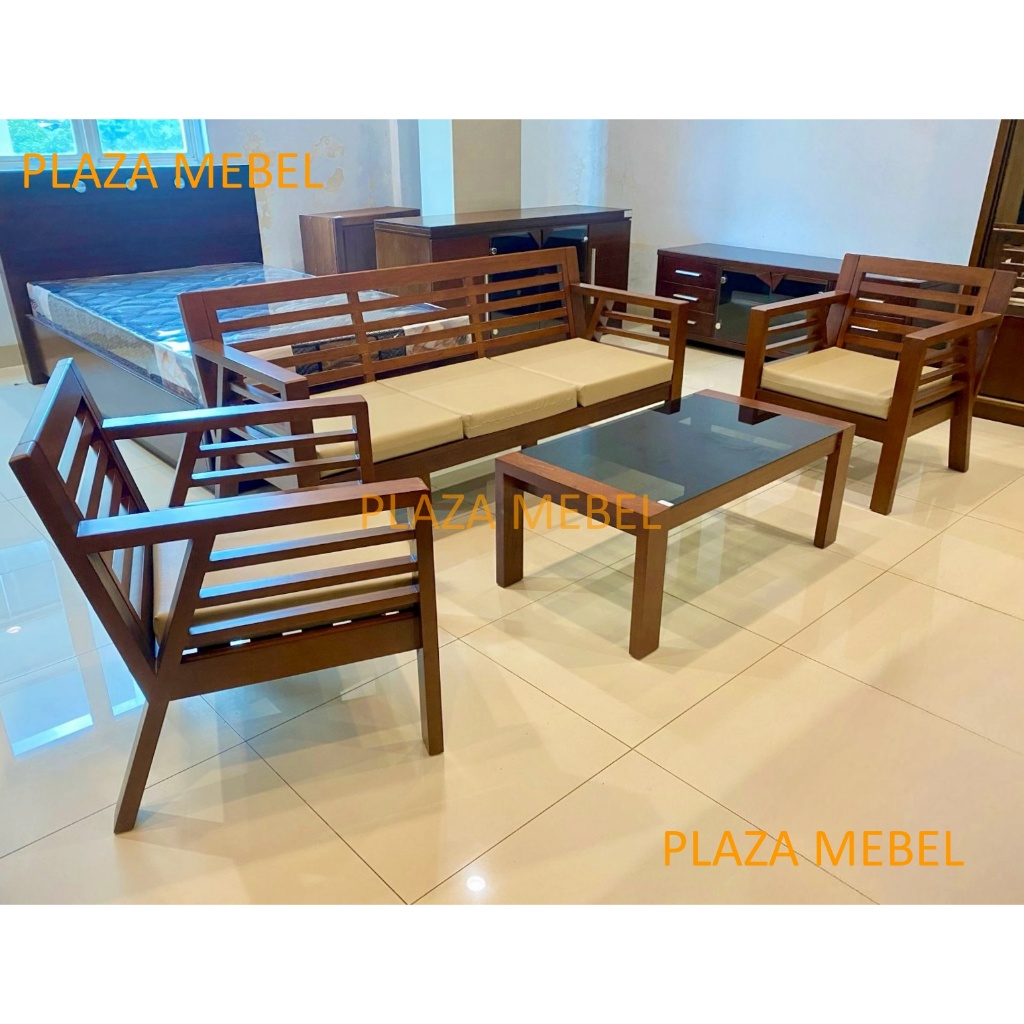 Sofa Kursi Tamu Minimalis 311 -1 + Meja FULLSET Kayu Coklat / Hitam
