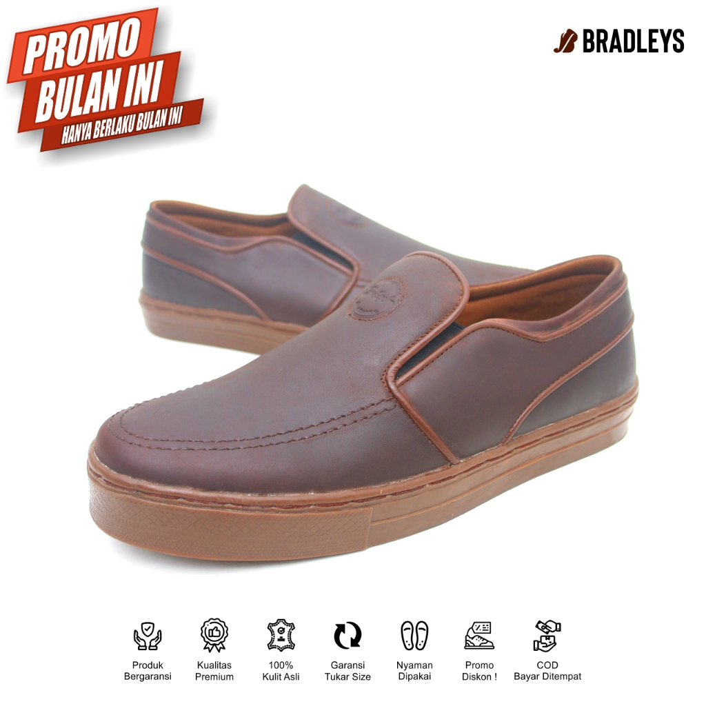 Bradleys Louis Brown - Sepatu Kulit Sneakers Slip-On Pria
