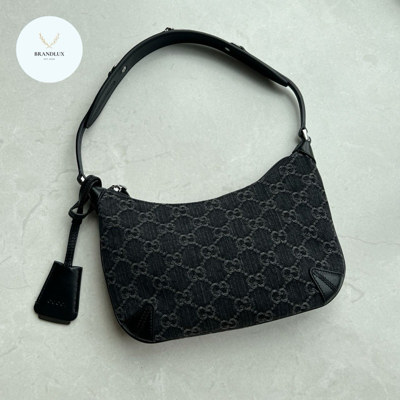 Gucci gg horsebit slim flat bag in black/grey denim