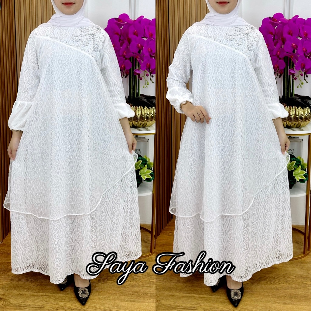 Gamis Brukat Layer Tile Tutu Putih Mutiara 7740 Premium