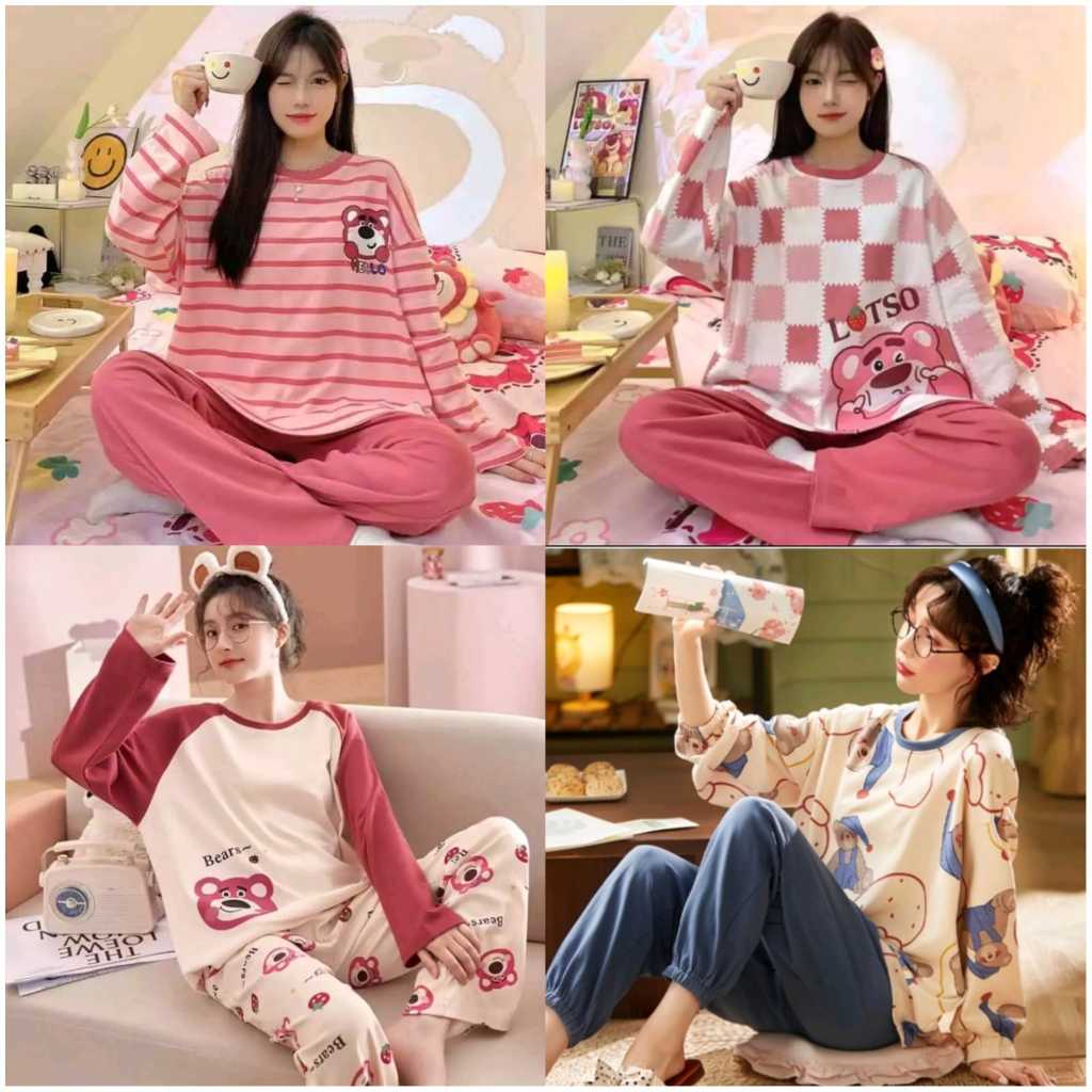 SETELAN BAJU TIDUR PIYAMA IMPORT WANITA KOREA LENGAN PANJANG CELANA PANJANG