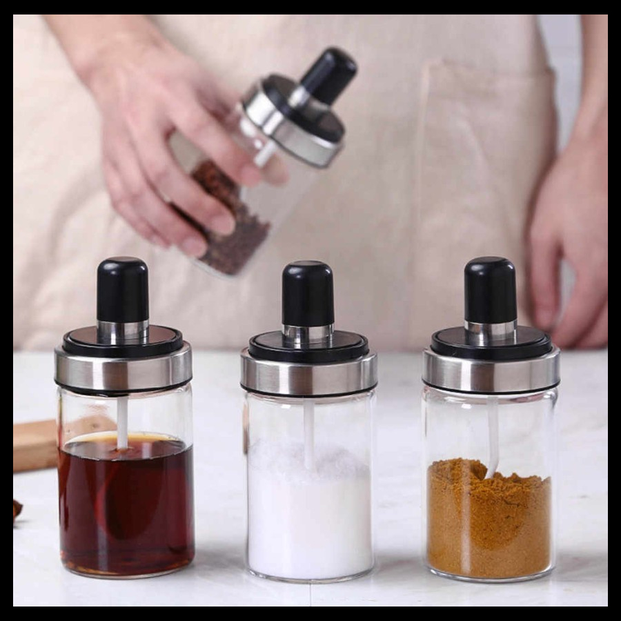 Tempat Bumbu Dapur Toples Dengan Sendok Bahan Kaca 250ML Wadah Minyak Serbaguna Botol Bumbu  Peralat