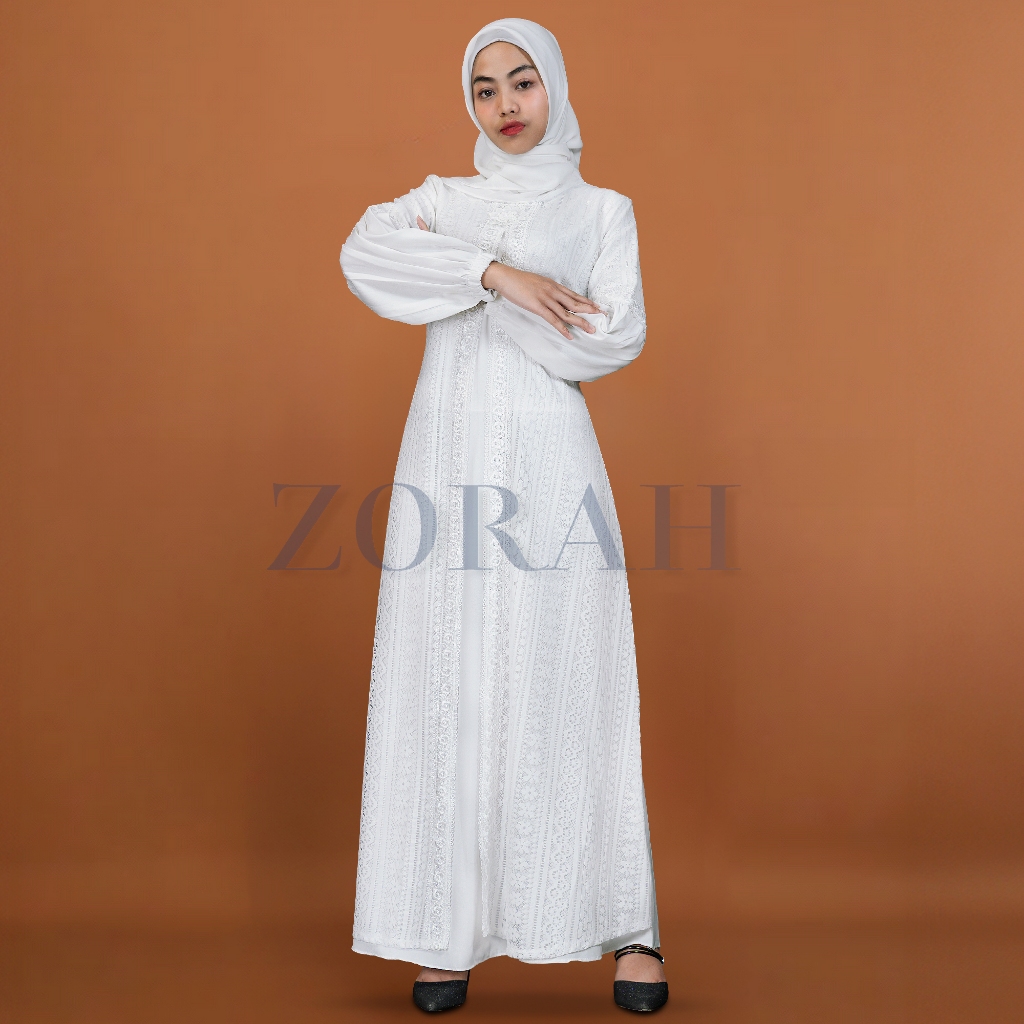 termurah zorah gamis brukat putih wanita mewah dan elegan terbaru dress brokat bunga putih simple