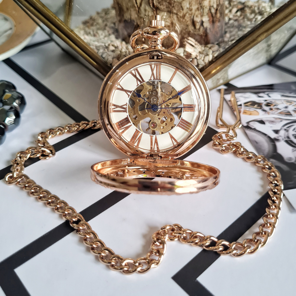 POCKET WATCH Riot Jam Saku Kantong Half Hunter Automatic Otomatis Mechanical Mekanik Gold Rose Skele