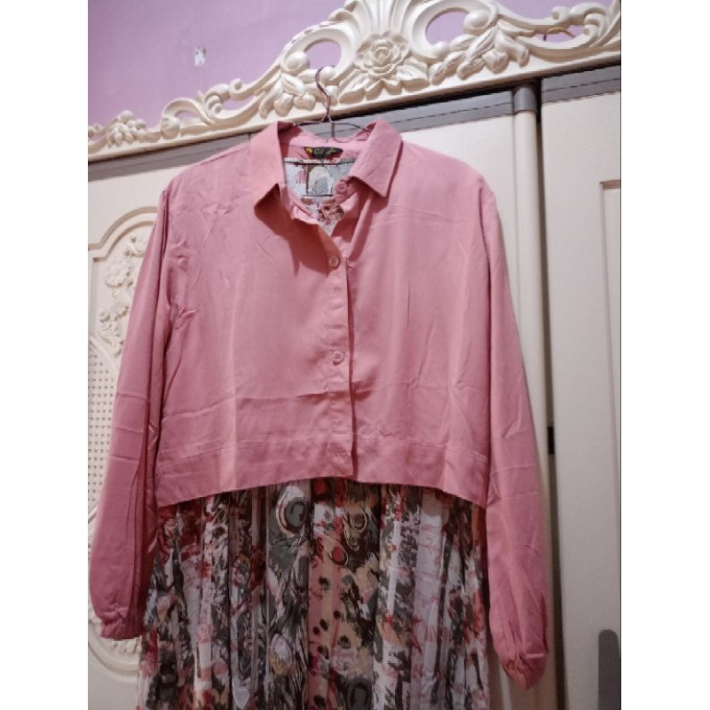 Setelan Long Dress pink motif garis dengan outer pink