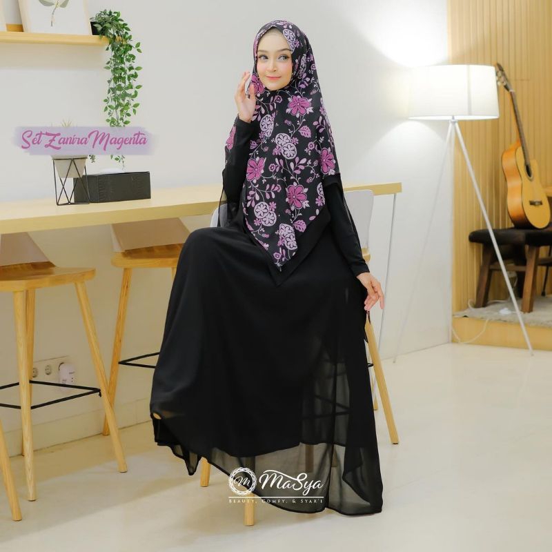 Set Gamis Dress Ceruty Babydoll Syari Branded Prinitng Denim - Maroon - Black - Magenta Mewah Masya 