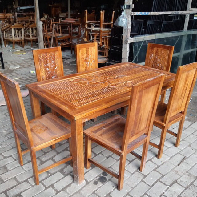 Meja makan + 6 Kursi kayu jati Jepara murah