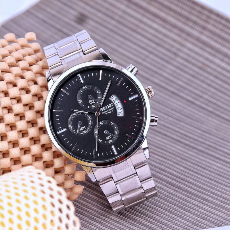 Jam Tangan Pria Seiko Strap Rantai Stainless Body Bulat Tanggal aktif Free Box Dan Baterai Cadangan