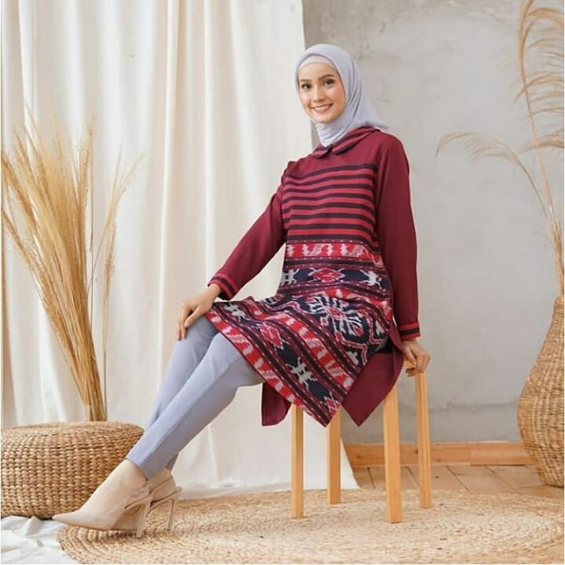 dres baju wanita kekinian terbaru motif bungan lurik tenun etnik jepara