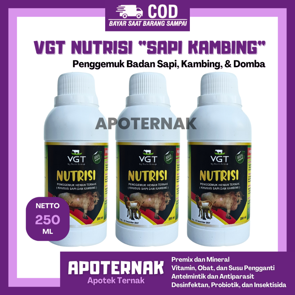 VGT NUTRISI SAPI KAMBING 250 mL | VGT Sapi Penambah ADG Instan | VGT Ternak Sapi Kambing Domba