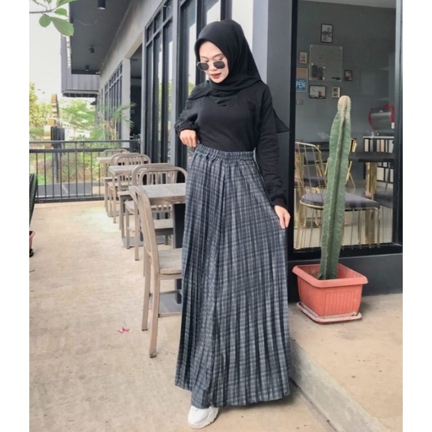 ROK PLISKET WANITA PANJANG MOTIF KOTAK TARTAN BAHAN WOLL PREMIUM JUMBO