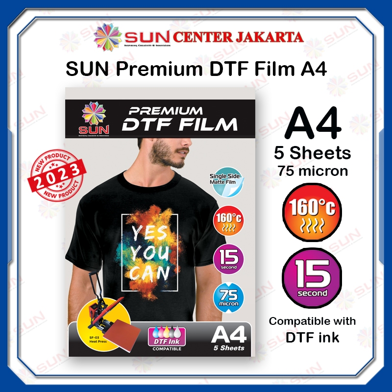 

Kertas Film Sablon DTF Transfer Paper A4 75 micron - SUN Premium DTF Film A4 isi 5 Lembar ( untuk mesin press kaos, keramik, piring, topi, plat alumium, puzzle, bantal )