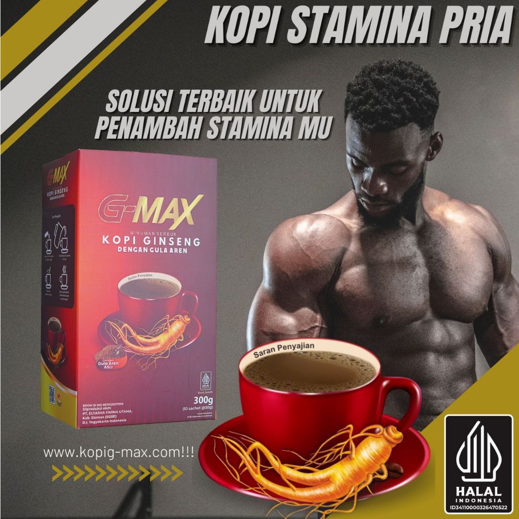 

GMAX COFFEE MINUMAN KOPI STAMINA PRIA ORIGINAL 100% 1 BOX ISI 10 SACHET HALAL SUDAH BPOM