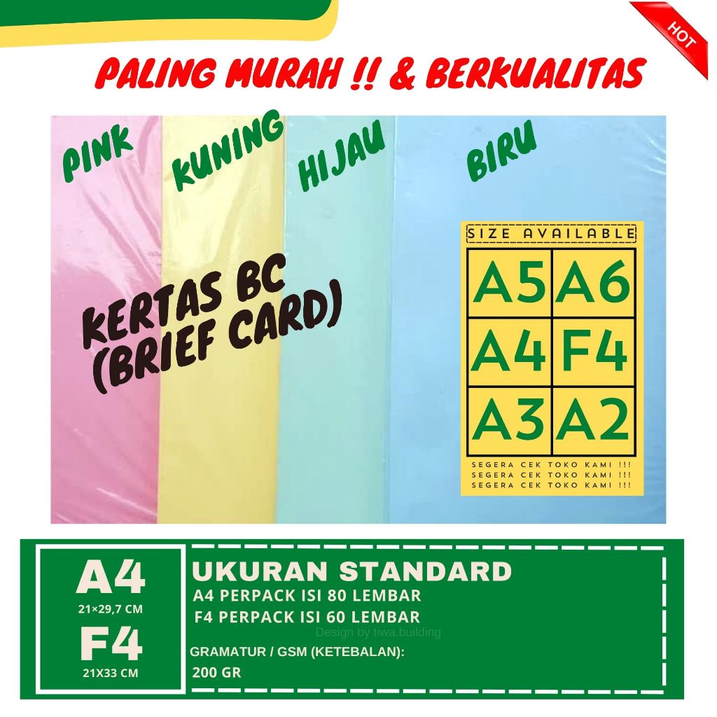 

KERTAS BC/KERTAS BRIEF CARD/KERTAS MANILA/KERTAS TIK/KERTAS UNDANGAN ANEKA WARNA PERPACK A4&F4 ISI 60&80 LEMBAR