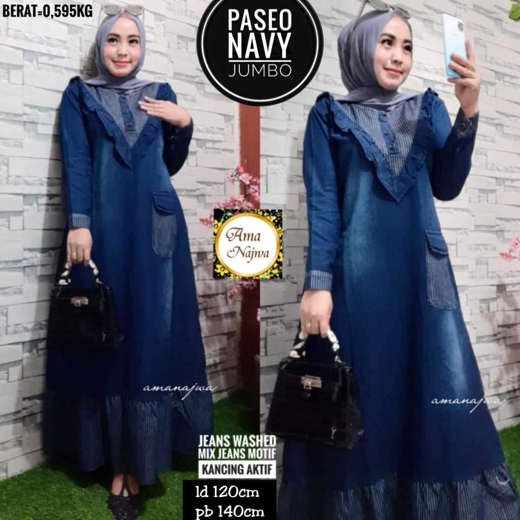 Dress Gamis Jumbo Wanita Terbaru matt Jeans Wash HQ Big Size Fit XXXL LD120 Lengan Panjang Kombinasi