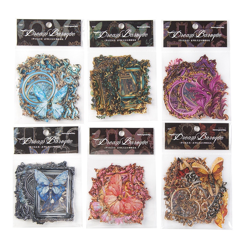 

L.P 30 PCs Stiker Transparan Bunga dan Kupu Kupu Frame and Butterflies PET Sticker for Decoration