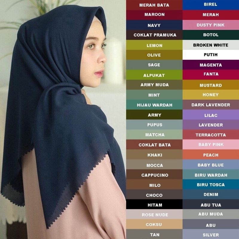 Jilbab segiempat Bella Lasercut warna hijau Sage mint Wardah army botol kunyit lemon peach Salem dus
