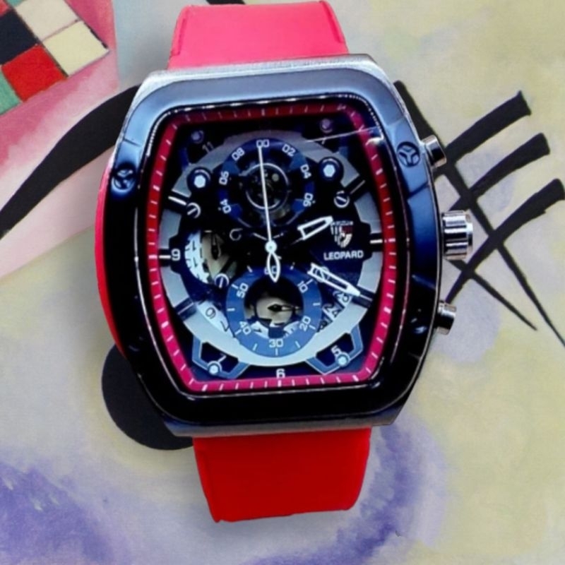 leopard 8802-jam tangan pria mewah tali ruber 4.5cm + box