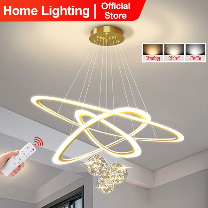 Home Lighting Lampu Gantung Ring Modern Minimalis GOLD 3 Ring LED 3 Warna Lampu Akrilik Gantung lamp