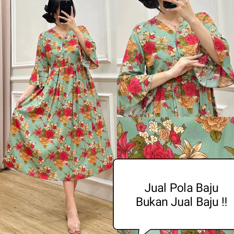 Pola Daster Amariel 083 - Pola Dress leher V lengan terompet kancing depan - Pola baju Sewing Patter