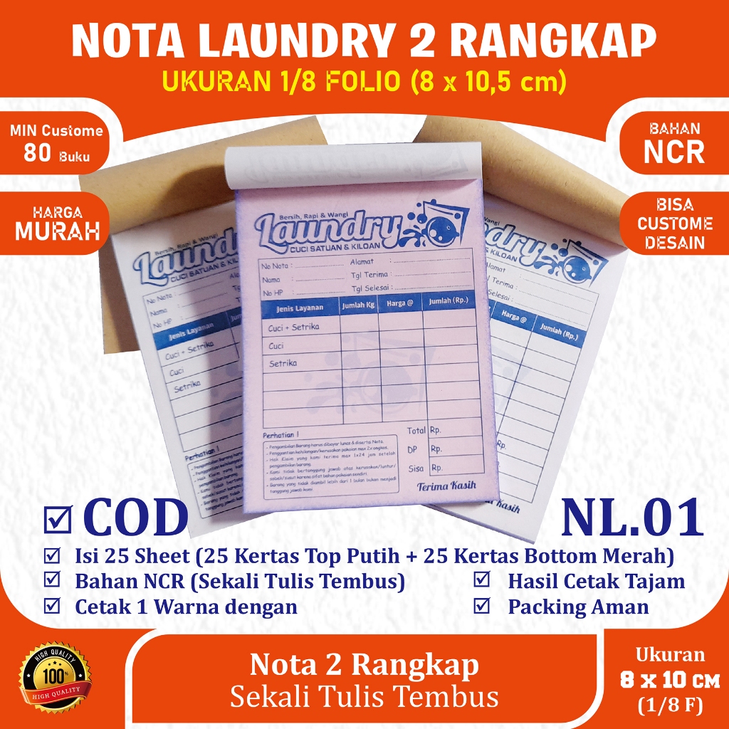 

Nota Laundry, Bon Laundry NCR 2 play HVS 1 Ply 1/8 folio isi 25 set Motif 1 Cetak Biru