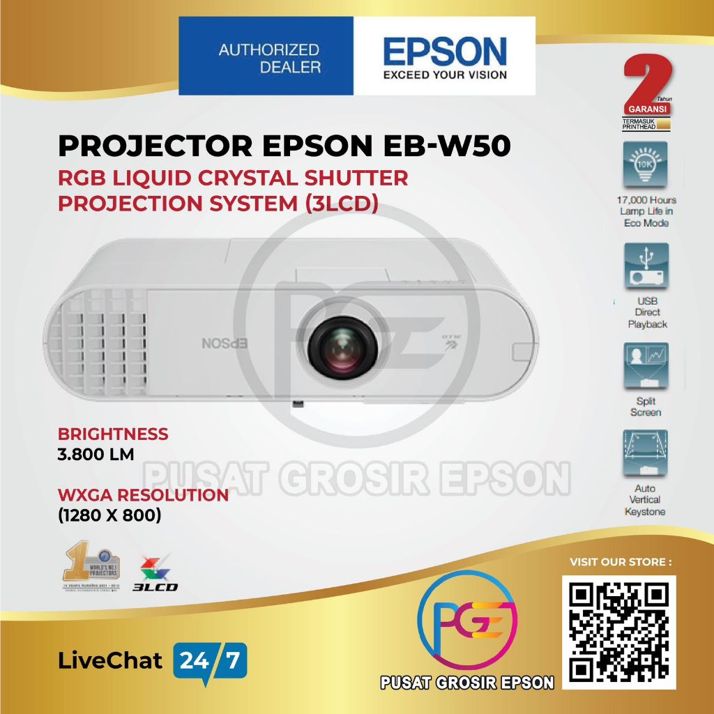 Proyektor Epson EB-W50 EBW50 EB W50  ( Spek sama seperti EB - 980W )