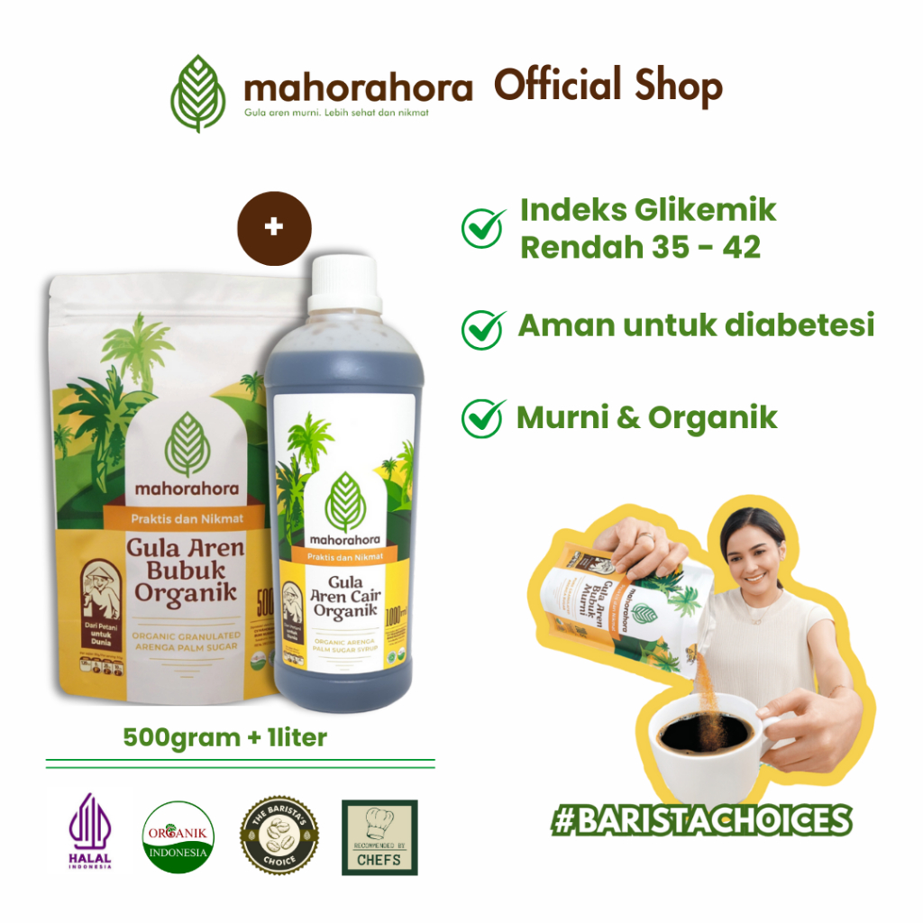 

Mahorahora Paket Hemat Gula Aren Organik Cair 1 Liter dan Bubuk 500 gr, Premium dan Halal