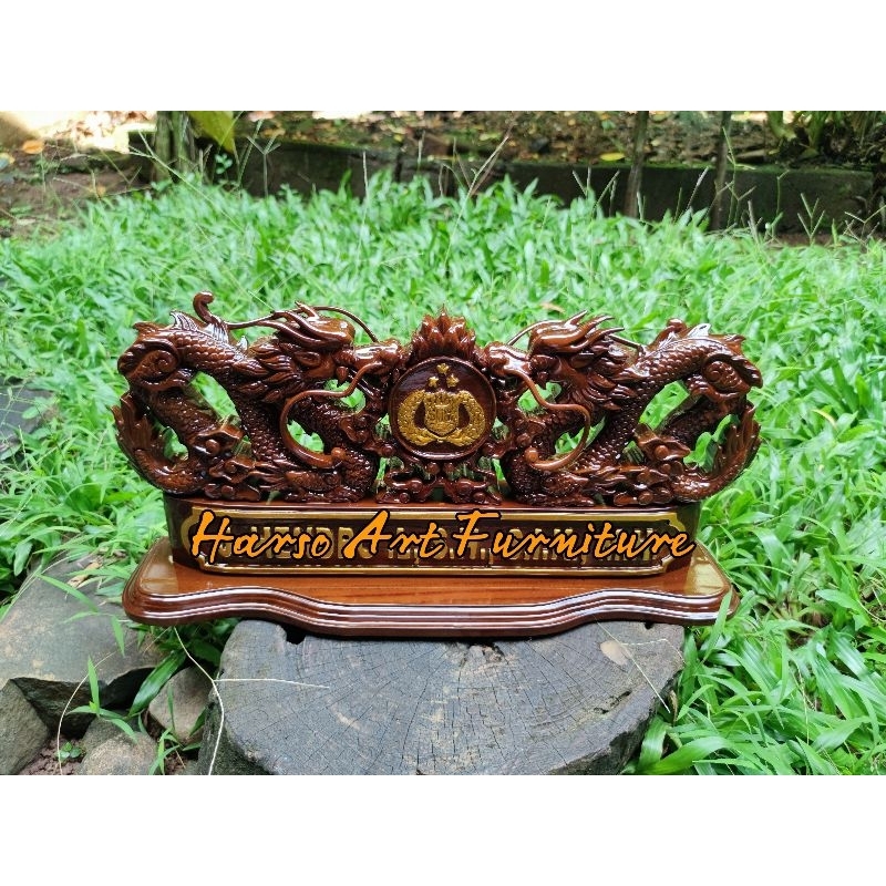 papan nama meja ukiran patung naga kayu jati